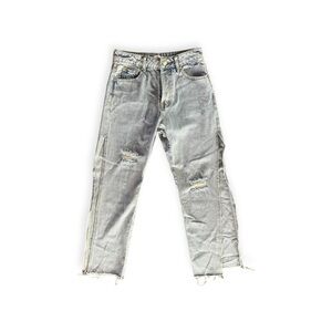 Adika jeans slit leg button front relaxed straight denim small ripped distressed